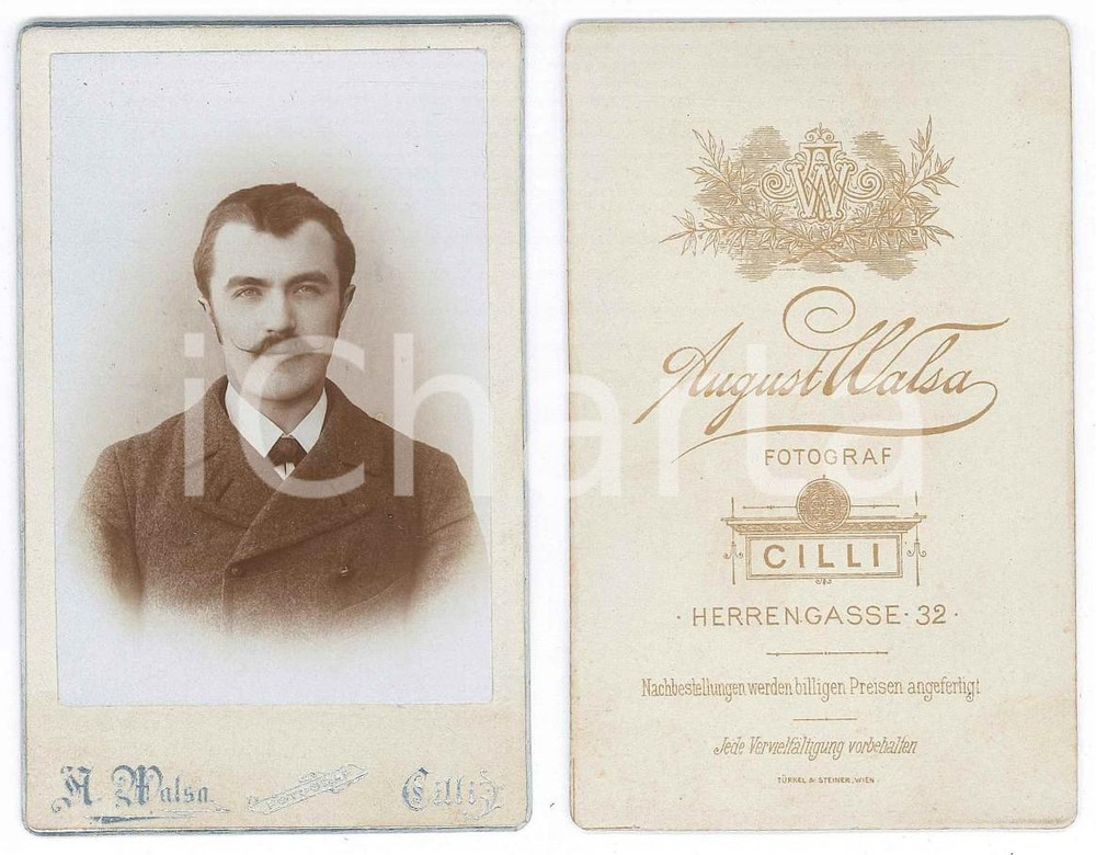 Fotografia d epoca originale 1890 ca CELJE / CILLI SLOVENIA Ritratto maschile  Foto August WALSA CDV 1