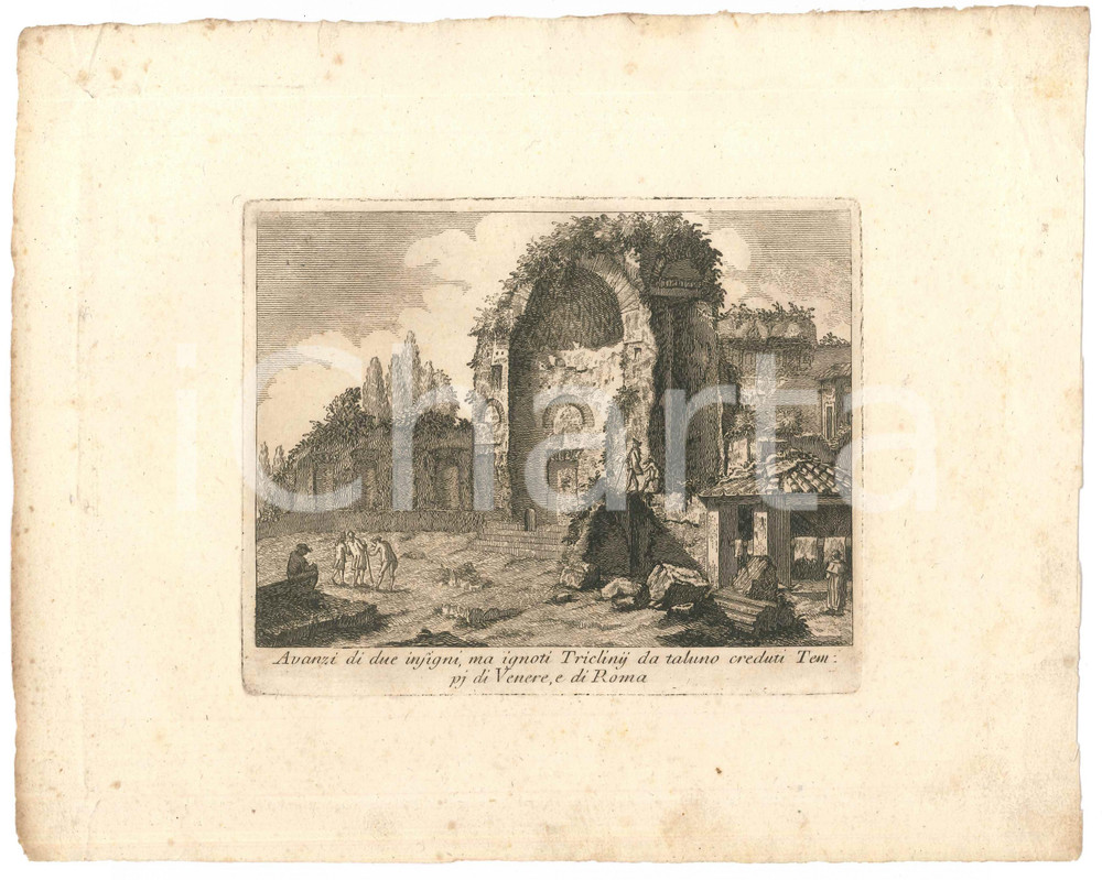 Stampa, bozzetto originale 1790 ca FranÃ§ois MOREL Avanzi di due insigni, ma ignoti Triclinij Stampa 28x22 1