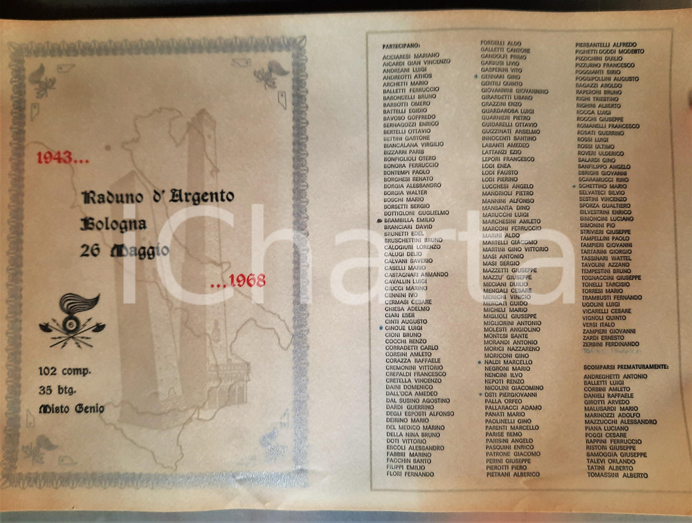 Documento originale, autentico 1968 ESERCITO BOLOGNA Raduno d Argento  Misto GENIO 102 comp. 35 btg. Pergamena 1