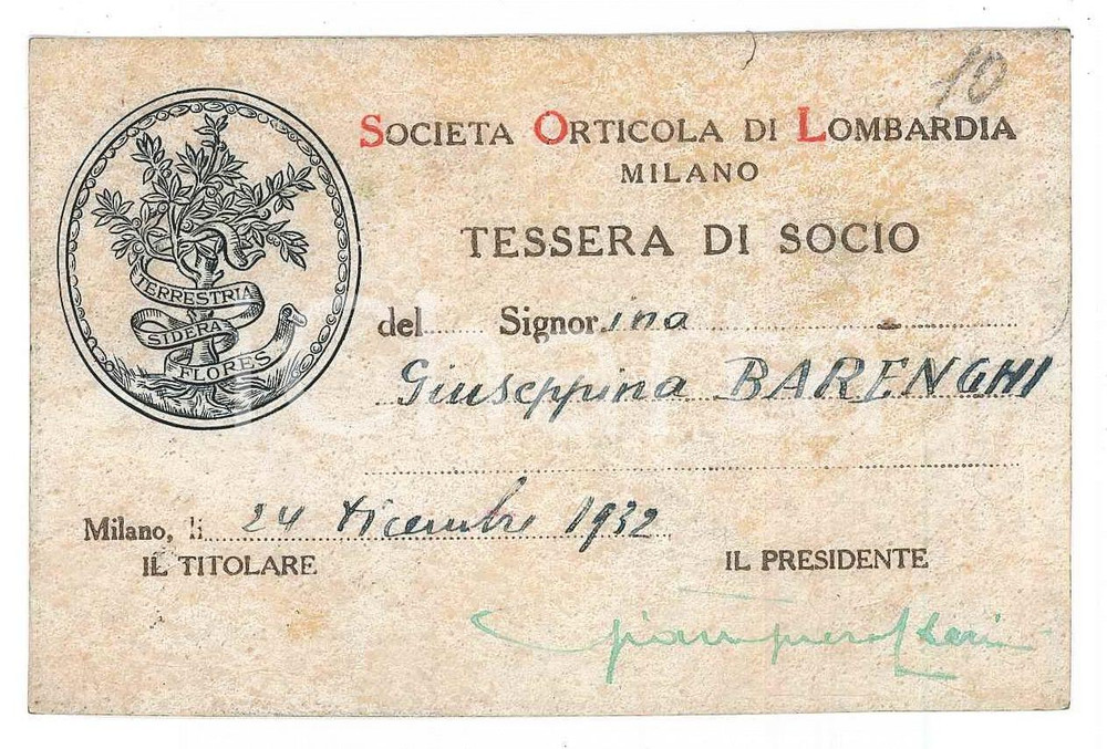 Oggetto da collezione cartaceo 1932 MILANO SocietÃ  Orticola di Lombardia  Tessera di socio 10x6 cm 1