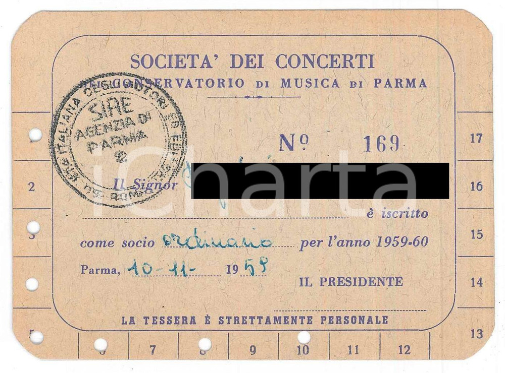Oggetto da collezione cartaceo 1959 PARMA Conservatorio di musica  SocietÃ  dei concerti  Tessera 11x8 cm 1