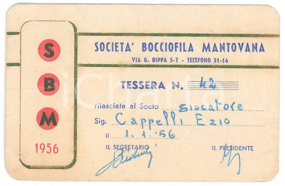 Oggetto da collezione cartaceo 1956 MANTOVA  SBM Società  Bocciofila Mantovana  Tessera 10x7 cm 1