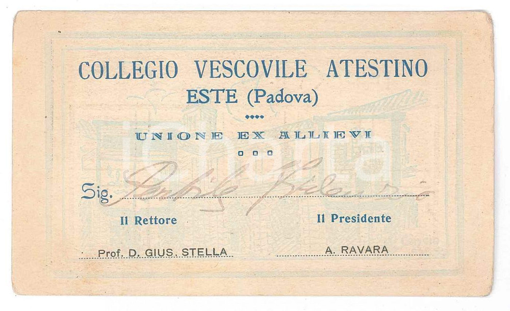 Oggetto da collezione cartaceo 1930 ESTE Collegio Vescovile Atestino  Unione ex allievi  Tessera 11x6 cm 1