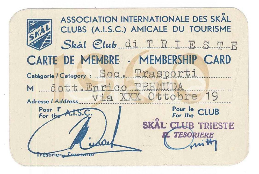 1950 ca TRIESTE Skal Club AISC Tessera di Enrico PREMUDA - 9x6 cm Tessera d'epoca.  POOR/danneggiato Lievi smussature agli angoli, piegature verticali Formato: 9x6 cm originale e autentica 1