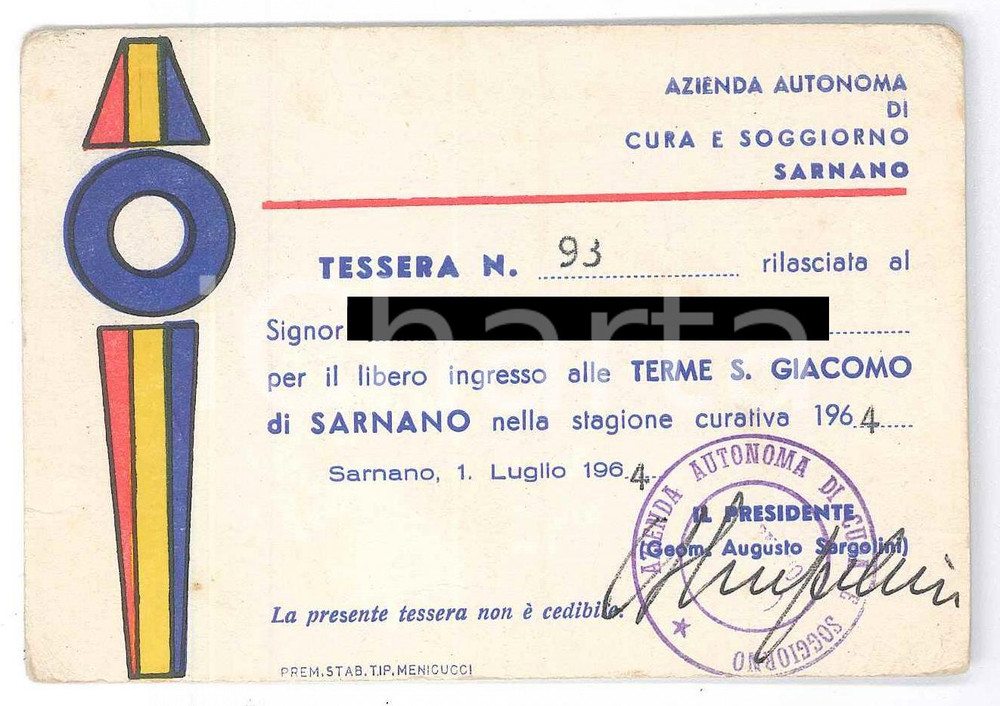 Oggetto da collezione cartaceo 1964 SARNANO Terme San Giacomo  Tessera di ingresso 10x7 cm 1