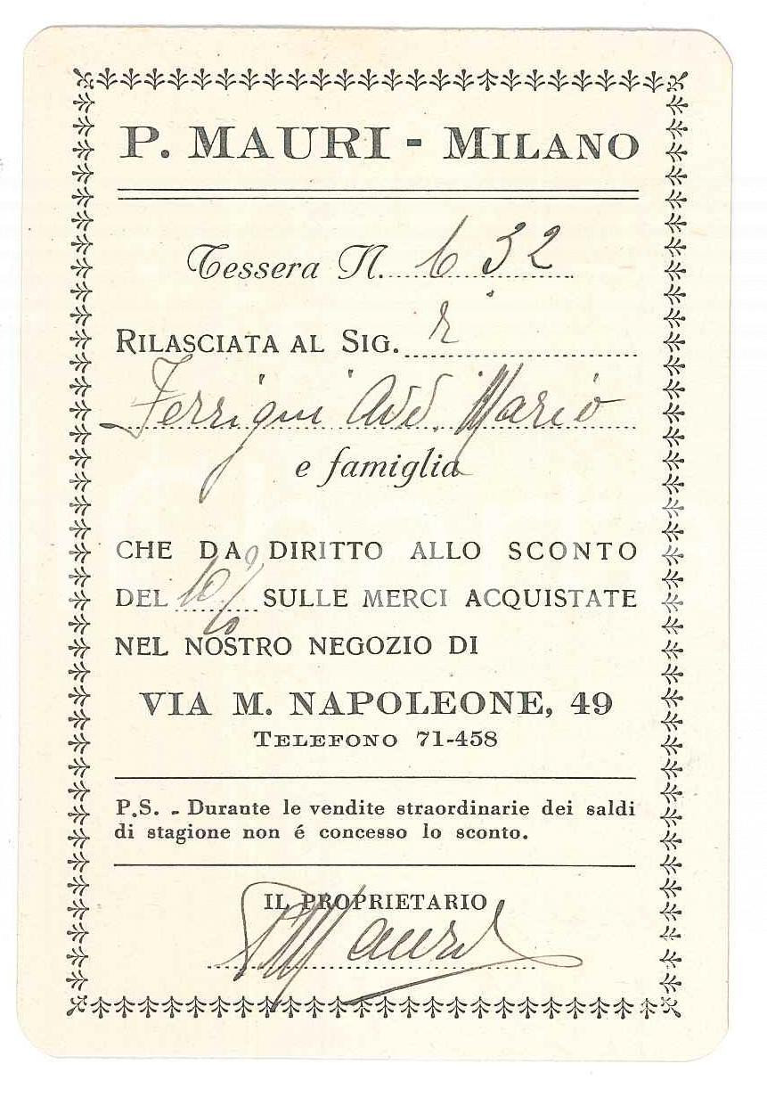 Oggetto da collezione cartaceo 1920 ca MILANO Negozio P. MAURI Tessera sconto di Mario FERRIGNI  6x10 cm 1