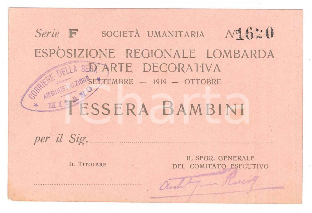Oggetto da collezione cartaceo 1919 MILANO SocietÃ  Umanitaria  Esposizione arte decorativa  Tessera bambini 1