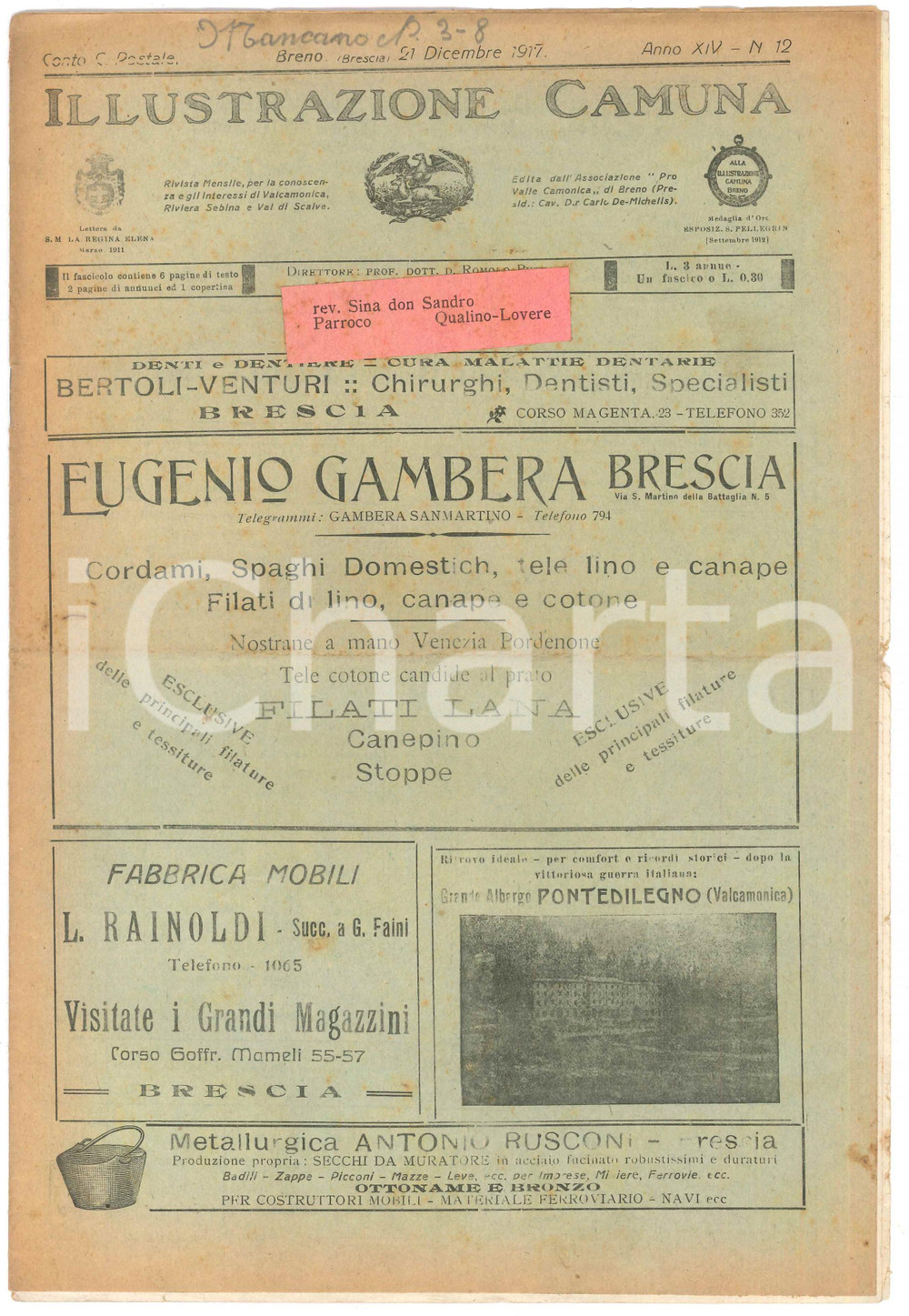 Giornale, rivista storica 1917 BRENO ILLUSTRAZIONE CAMUNA Opere scultori Fantoni in Valle Camonica 1