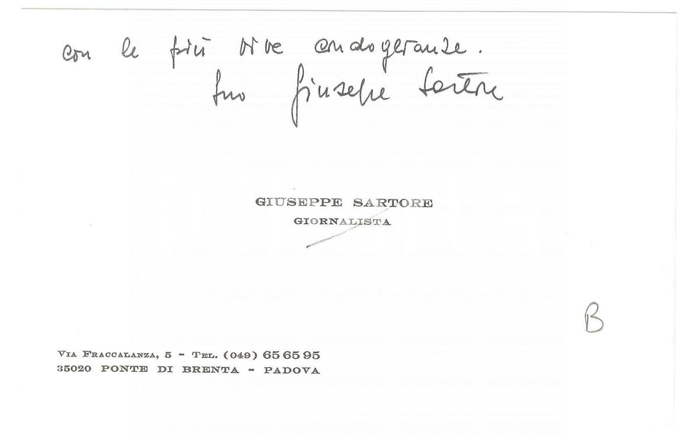 Autografo originale 1980 PADOVA Giuseppe SARTORE giornalista  Biglietto condoglianze AUTOGRAFO 1