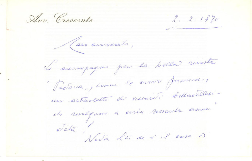 Autografo originale 1970 PADOVA Cesare CRESCENTE  Biglietto per invio rivista AUTOGRAFO 1