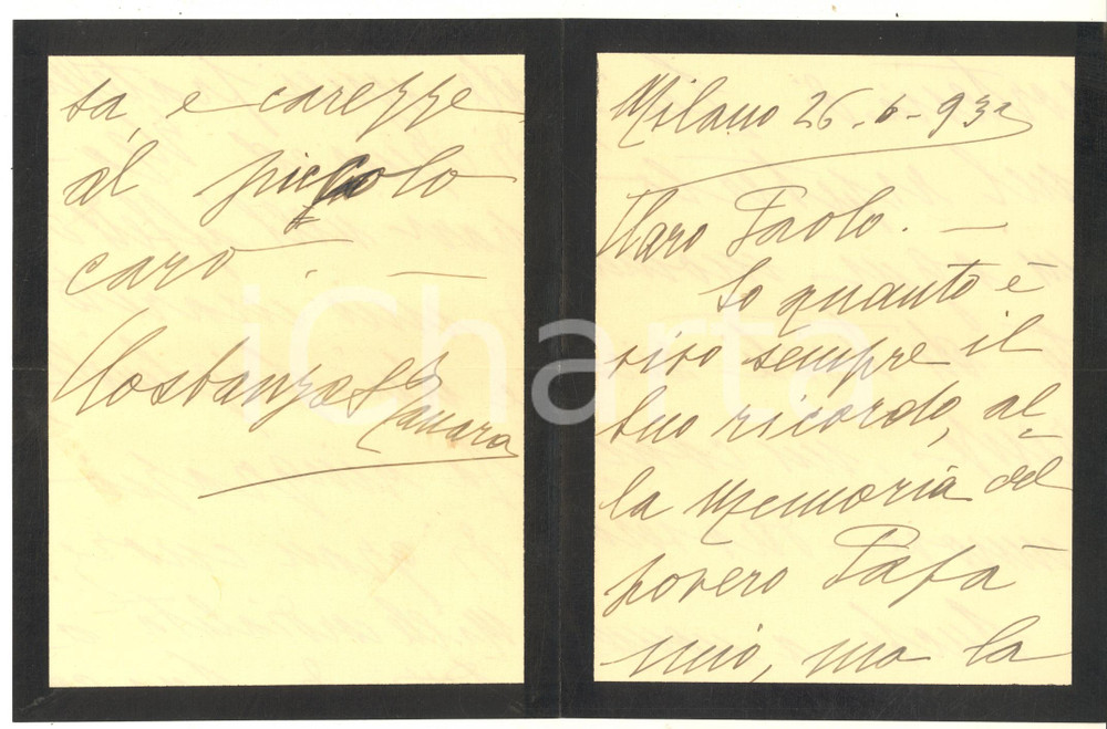 Autografo originale 1932 MILANO Lettera Costanza TANARA STOPPATO per lutto  Autografo 1
