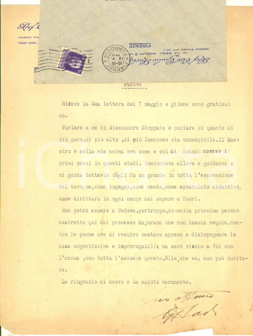 Autografo originale 1932 MILANO Avv. Giulio PAOLI in ricordo di Alessandro Stoppato  Autografo 1