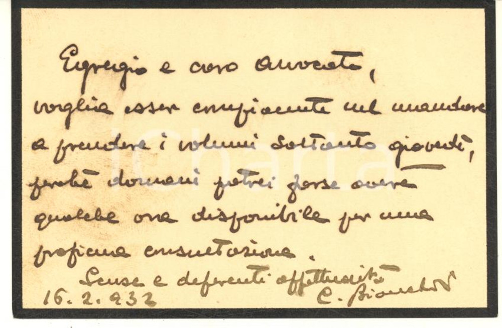 Autografo originale 1932 BOLOGNA Biglietto Camillo BIANCHEDI per ritiro volumi  AUTOGRAFO 1