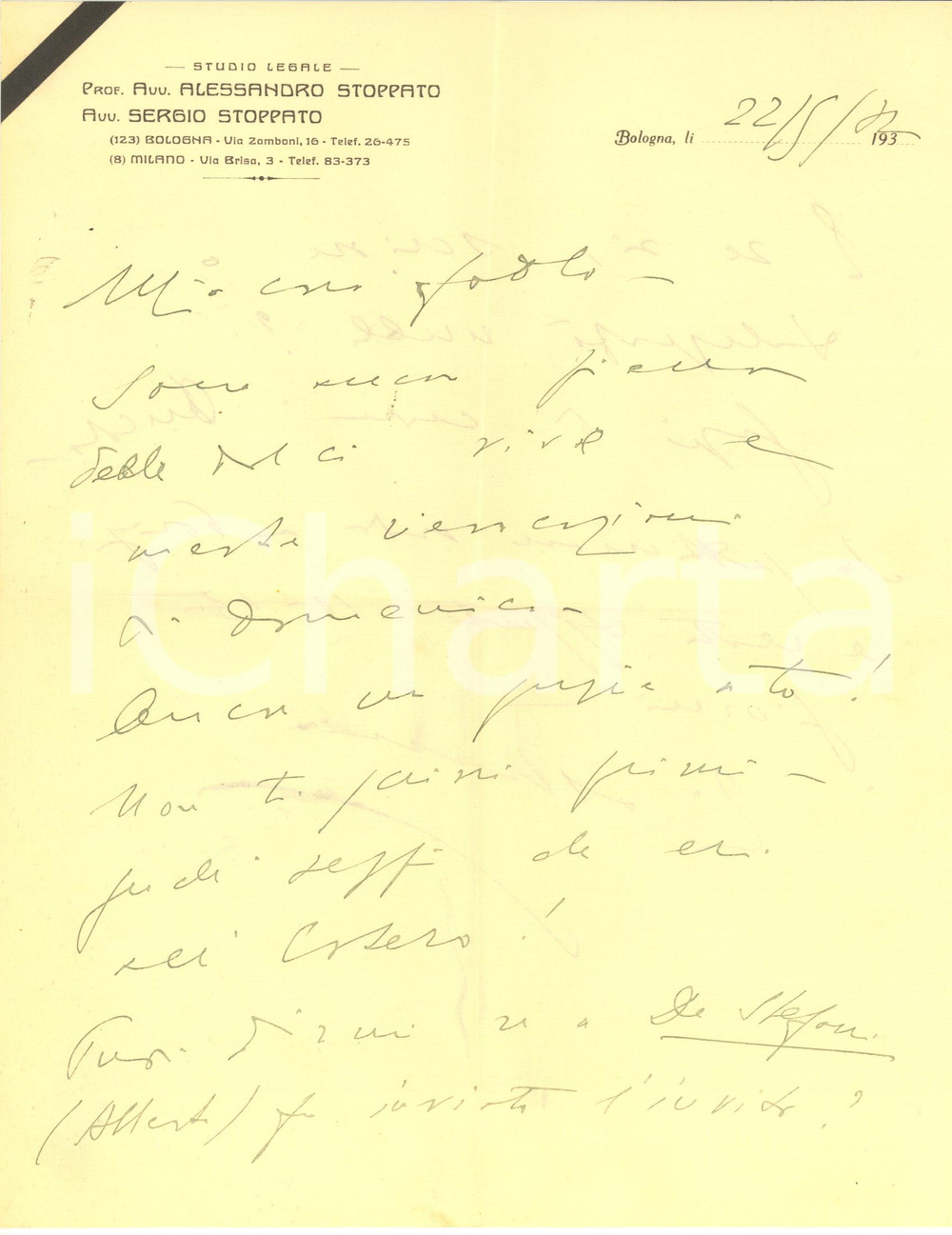 Autografo originale 1932 BOLOGNA Lettera avv. Sergio STOPPATO per organizzazione evento Autografo 1
