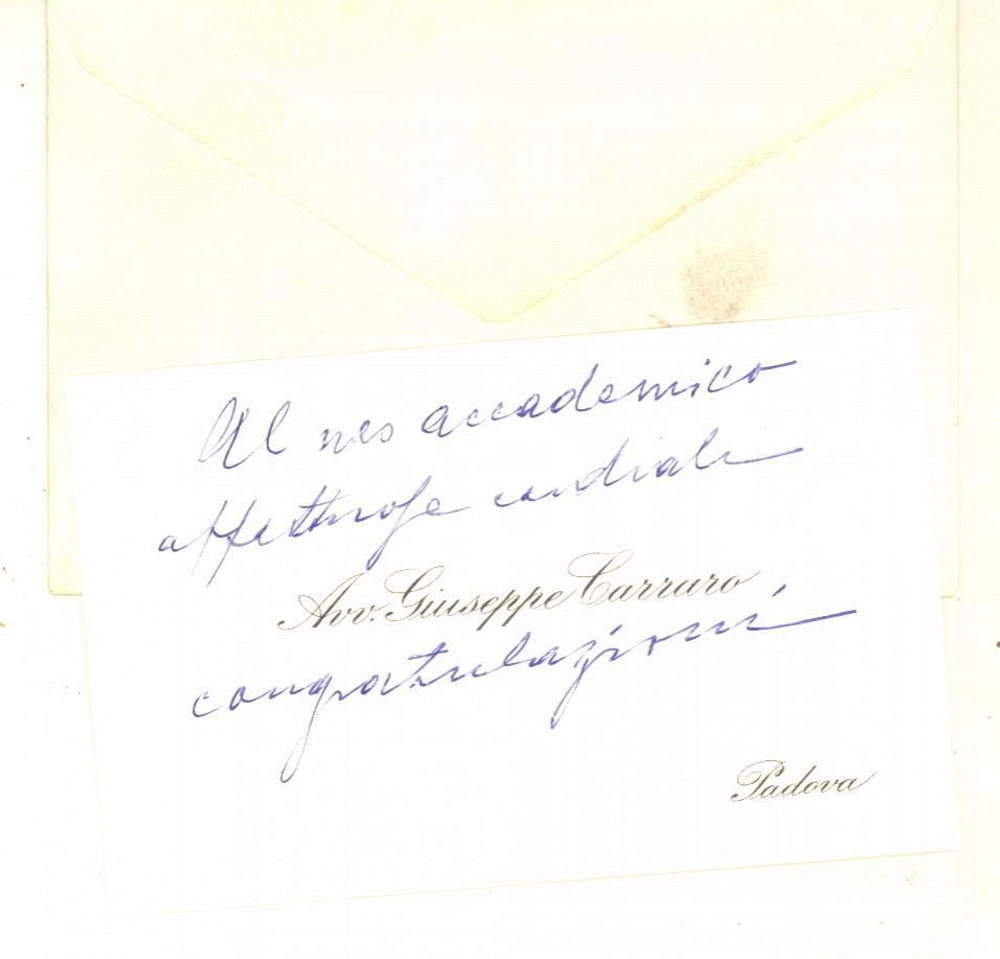 Autografo originale 1960 ca PADOVA Biglietto avv. Giuseppe CARRARO per congratulazioni Autografo 1