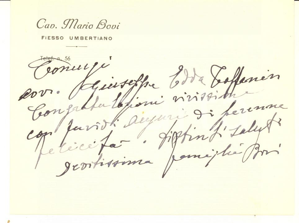 Autografo originale 1955 ca FIESSO UMBERTIANO Cav. Mario BOVI  Biglietto AUTOGRAFO 1