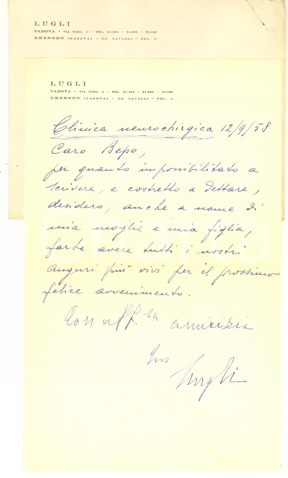 Autografo originale 1958 PADOVA Ing. Enrico LUGLI  Lettera di auguri   AUTOGRAFO 1