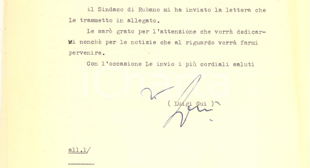 1975 ROMA Lettera ministro Luigi GUI pro comune di Rubano  - AUTOGRAFO Lettera dattiloscritta con firma autografa, su carta intestata.PAGINE: 1 + 2 in copia FAIR/discreto piegature d'epoca  originale e autentica 1