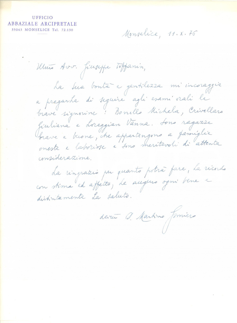 Autografo originale 1976 MONSELICE PD Lettera don Martino GOMIERO per esami allieve AUTOGRAFO 1