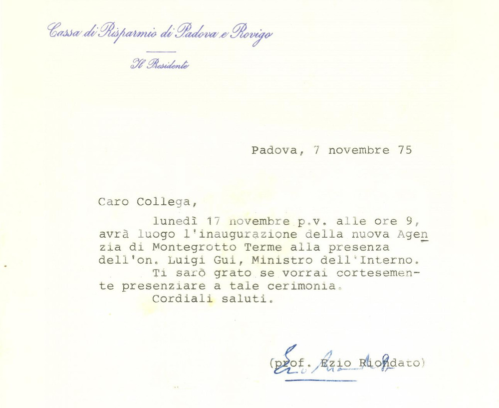 Autografo originale 1975 PADOVA Lettera Ezio RIONDATO per inaugurazione di nuova agenzia  AUTOGRAFO 1