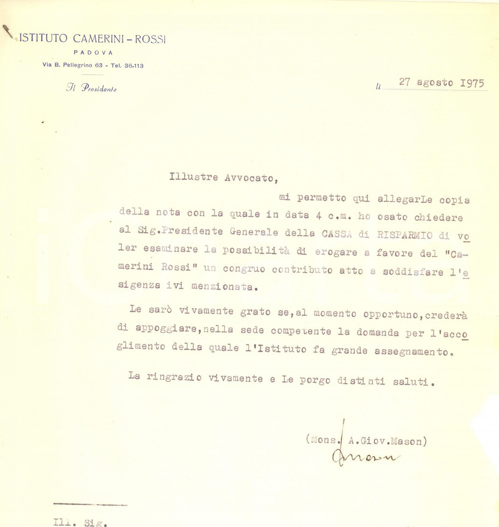 Autografo originale 1975 PADOVA Istituto CAMERINIROSSI  Lettera mons. MASON  Autografo 1
