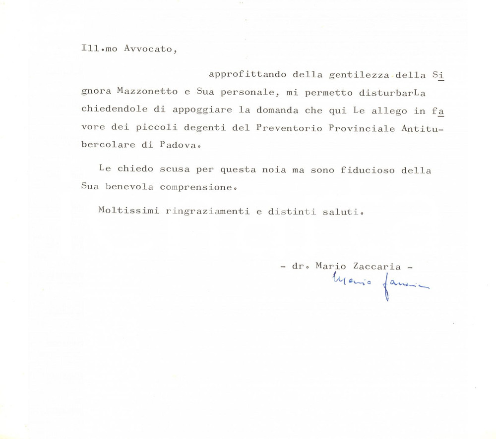 Autografo originale 1975 PADOVA Lettera Mario ZACCARIA  Consorzio Antitubercolare  AUTOGRAFO 1