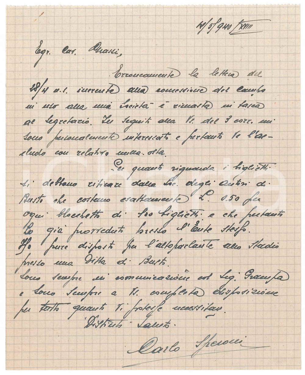 Autografo originale 1940 BUSTO ARSIZIO Lettera Carlo SPERONI su organizzazione ciclismo  AUTOGRAFO 1