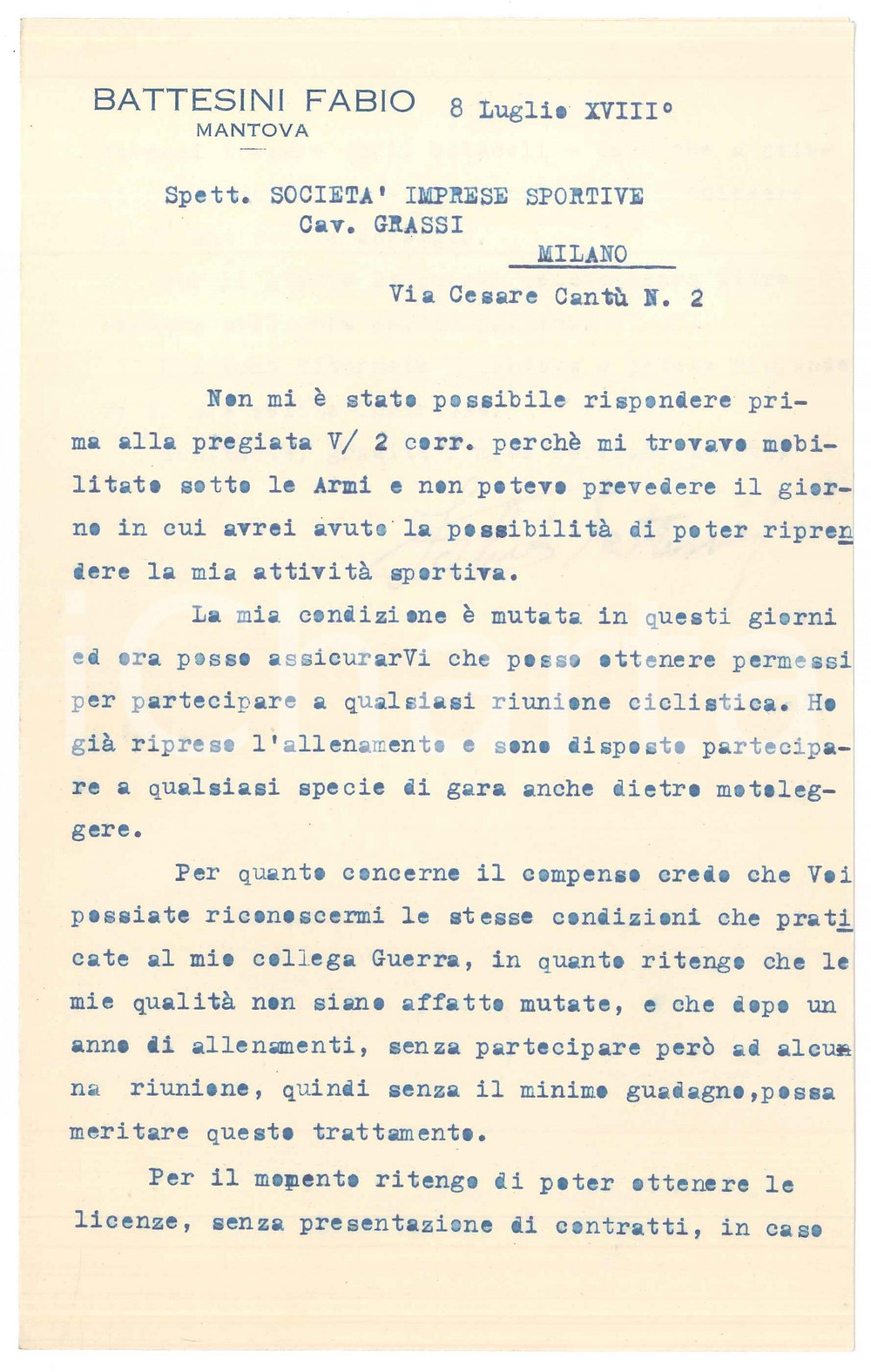 Autografo originale 1940 CICLISMO MANTOVA Fabio BATTESINI chiede compenso di Learco Guerra AUTOGRAFO 1