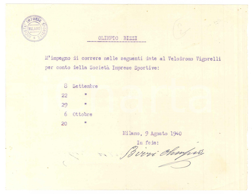 Autografo originale 1940 CICLISMO MILANO Olimpio BIZZI conferma gare al Vigorelli  AUTOGRAFO 1