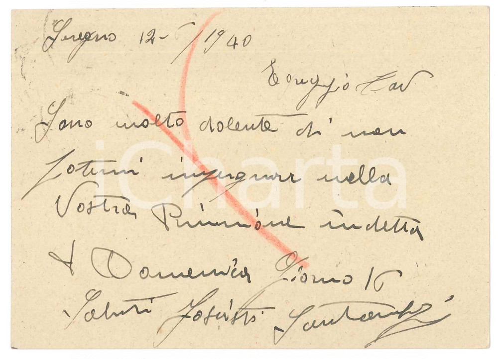 Autografo originale 1940 CICLISMO SEREGNO Serafino SANTAMBROGIO deve rifiutare una gara AUTOGRAFO 1