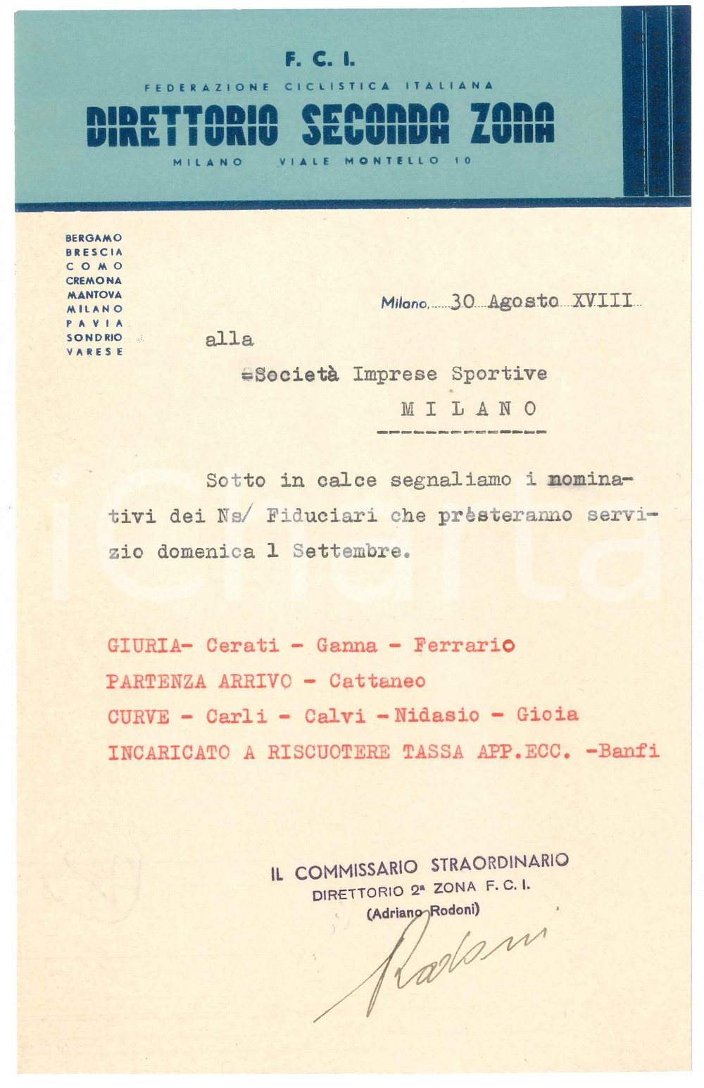 Documento originale, autentico 1940 F.C.I. CICLISMO MILANO Lettera Direttorio Seconda Zona per fiduciari 1