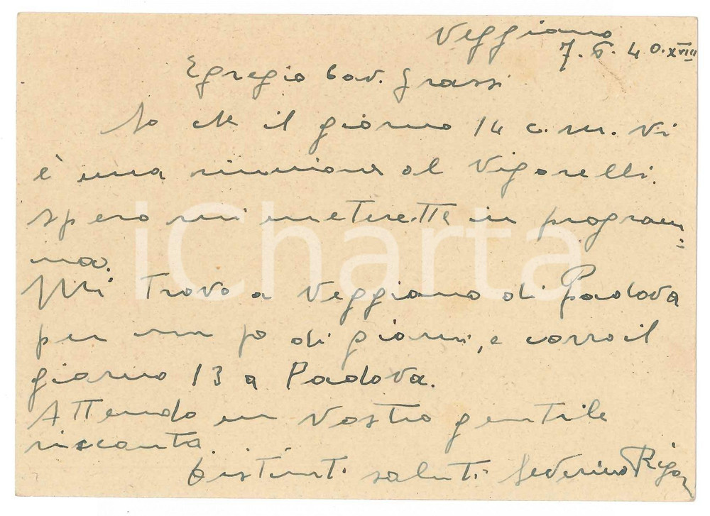 Autografo originale 1940 CICLISMO VEGGIANO Severino RIGONI chiede gara al Vigorelli  AUTOGRAFO 1