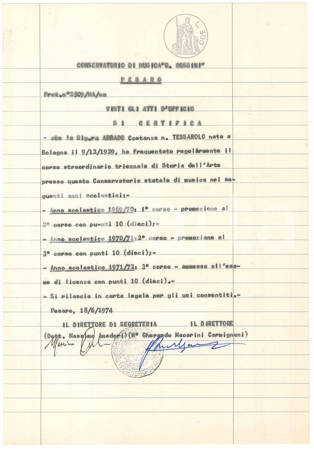 Documento originale, autentico 1974 PESARO Conservatorio  Certificato AUTOGRAFO Gherardo MACARINI CARMIGNANI 1