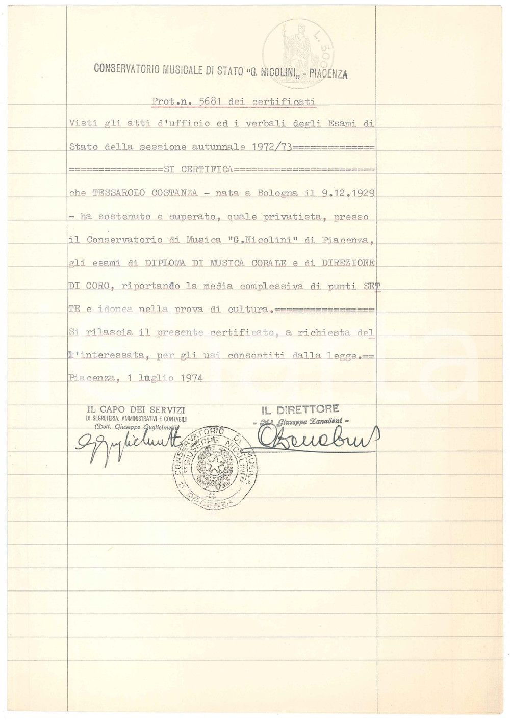 Documento originale, autentico 1974 PIACENZA Conservatorio NICOLINI Certificato AUTOGRAFO Giuseppe ZANABONI 1