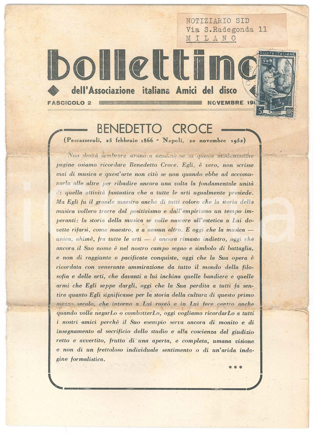 Libro, pubblicazione d epoca 1952 ASSOCIAZIONE AMICI DEL DISCO In morte di Benedetto CROCE Bollettino RARO 1