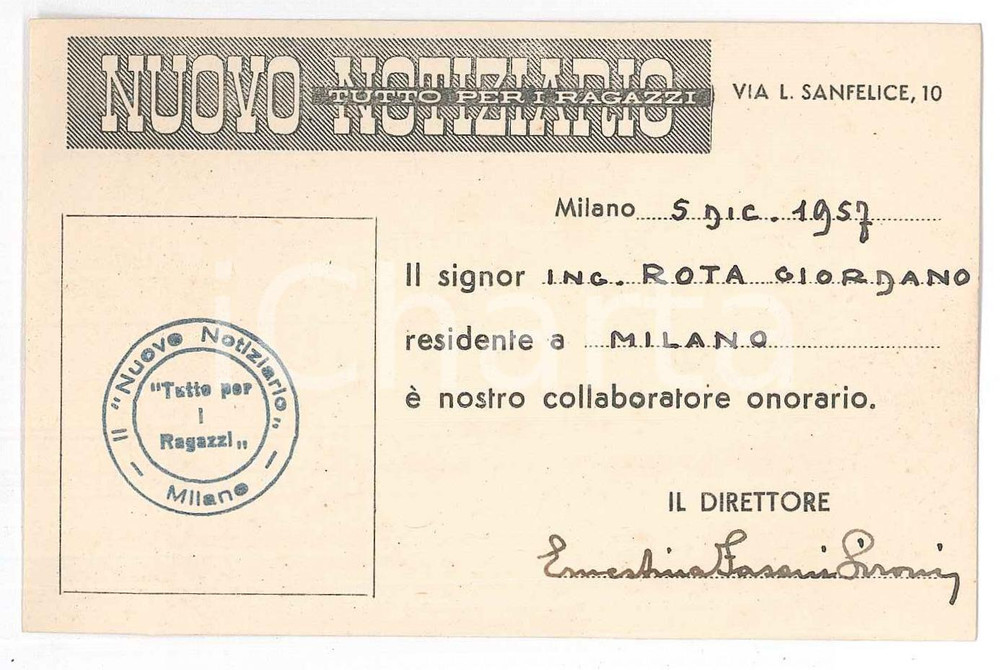 Oggetto da collezione cartaceo 1957 MILANO  NUOVO NOTIZIARIO Tutto per i ragazzi  Tessera 1