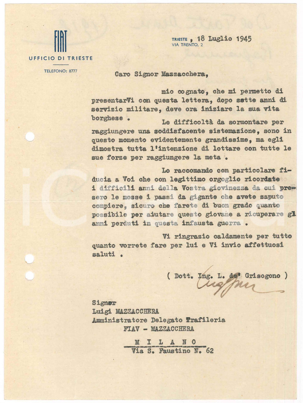 Manoscritto, lettera originale 1945 FIAT  Ufficio TRIESTE  Lettera ing. L. DE GRISOGONO  Autografo 1