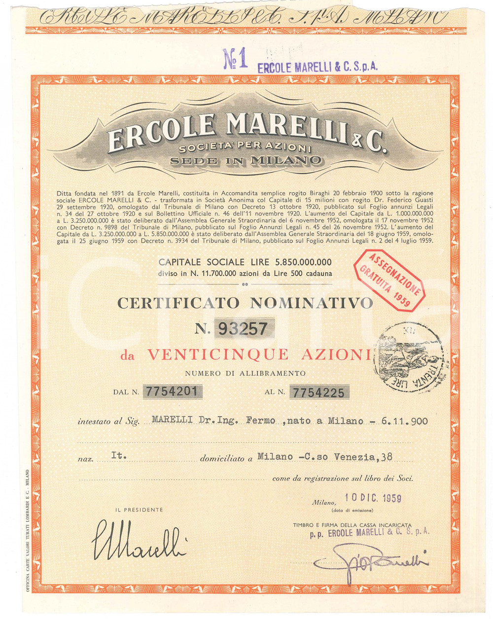 Oggetto da collezione cartaceo 1959 MILANO Ercole MARELLI & C.  Certificato azionario da venticinque azioni 1