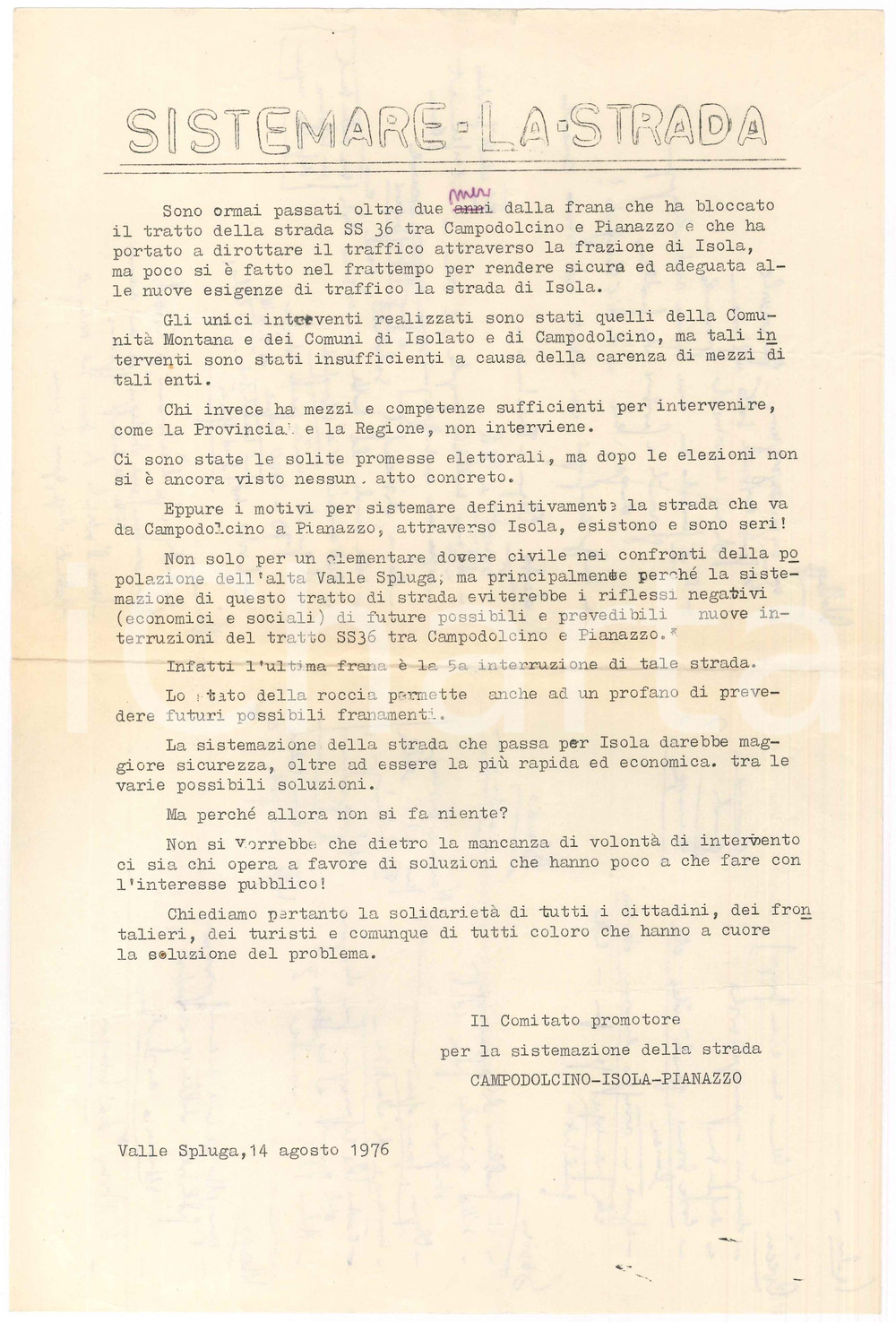 Documento originale, autentico 1976 VALLE SPLUGA Sistemazione strada Campodolcino ISOLA Pianazzo Volantino 1