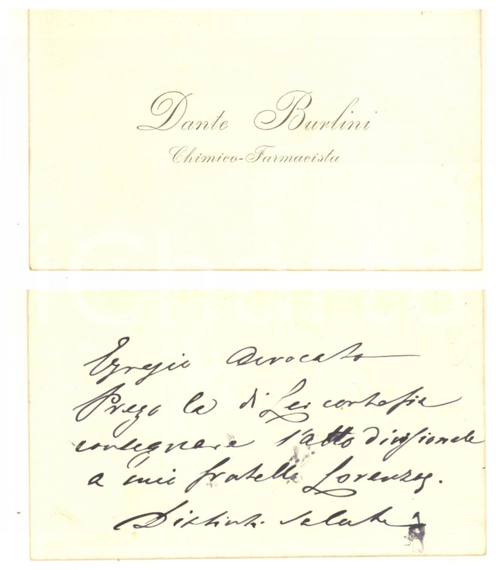 Autografo originale 1890 ca PADOVA Dante BURLINI Chimico farmacista Biglietto da visita AUTOGRAFO 1