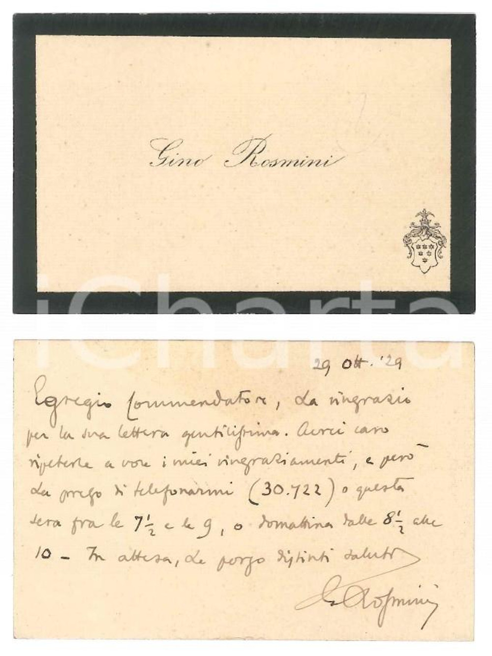 1929 ROMA Gino ROSMINI  - Biglietto da visita AUTOGRAFO ringraziamento Biglietto da visita d'epoca, con messaggio autografo al verso. GOOD/buono  Formato: 10x6 cm originale e autentica 1