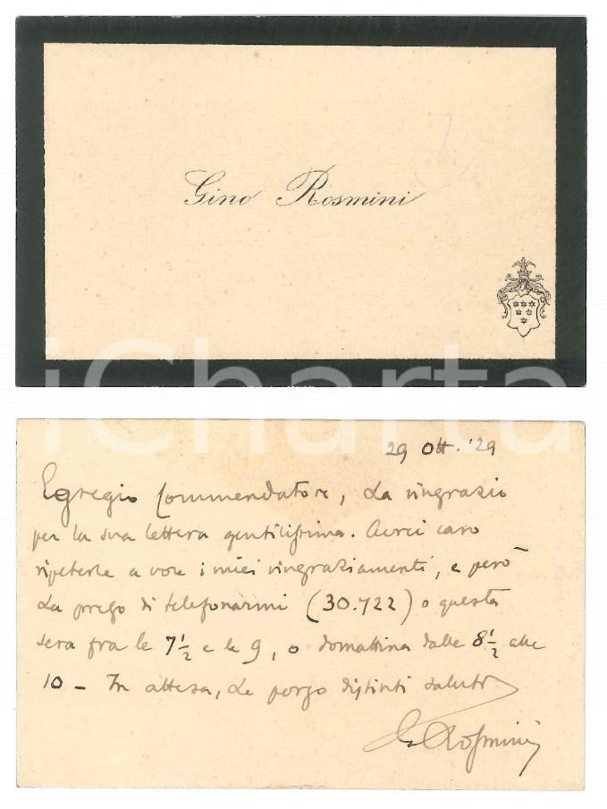 Autografo originale 1929 ROMA Gino ROSMINI   Biglietto da visita AUTOGRAFO ringraziamento 1
