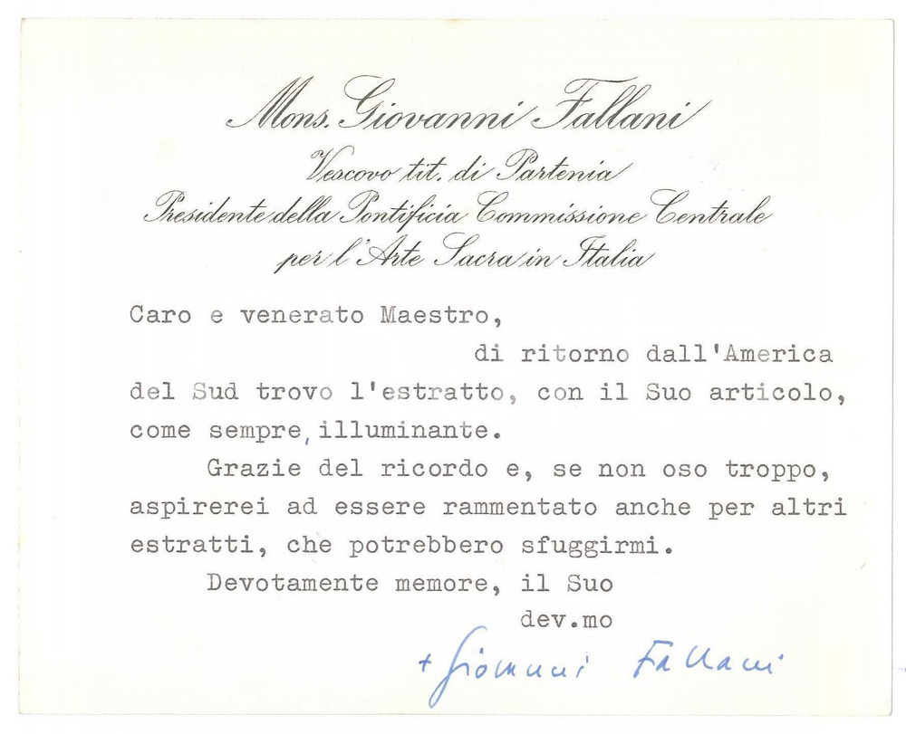 Autografo originale 1970 ca ROMA Mons. Giovanni FALLANI di ritorno dal Sudamerica  AUTOGRAFO 1