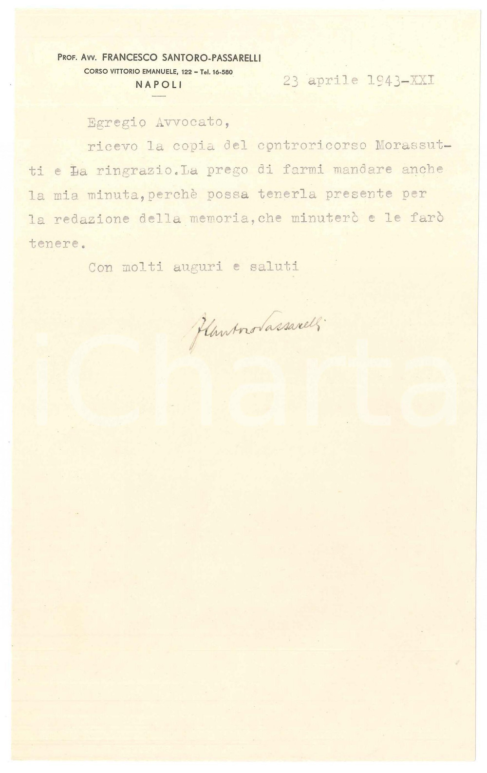 Autografo originale 1943 NAPOLI Lettera avv. Francesco SANTOROPASSARELLI a un collega  AUTOGRAFO 1