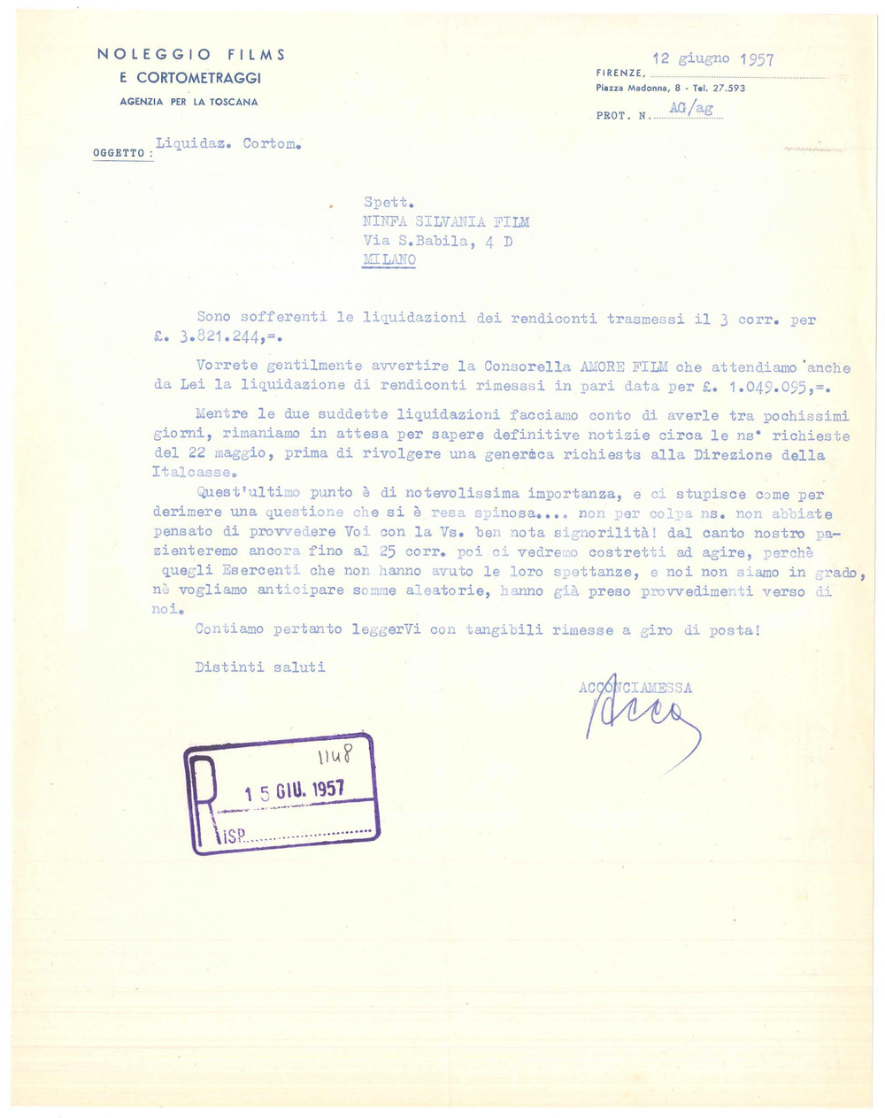 Documento originale, autentico 1957 FIRENZE  Noleggio Films e Cortometraggi  Lettera agenzia per liquidazioni 1