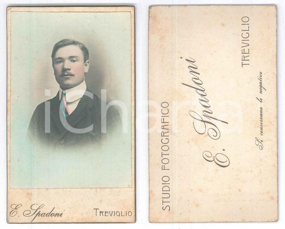 Fotografia d epoca originale 1900 ca TREVIGLIO BG Ritratto di giovane uomo  Foto E. SPADONI CDV 1