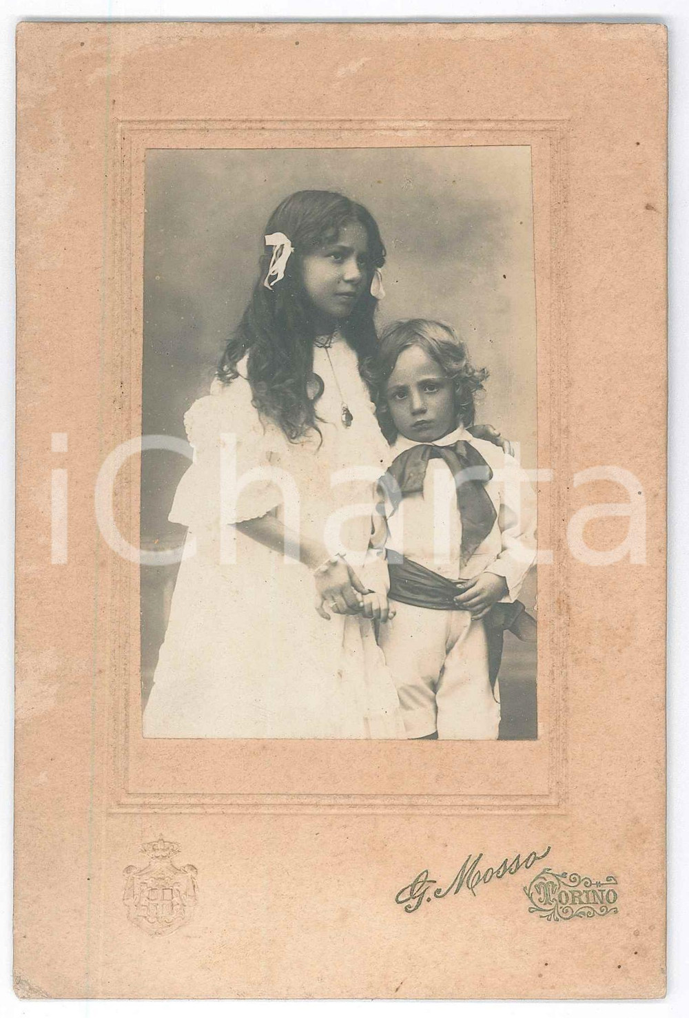 Fotografia d epoca originale 1910 ca TORINO Due fratelli bambini in abito bianco  Foto Giuseppe MOSSO 11x16 1
