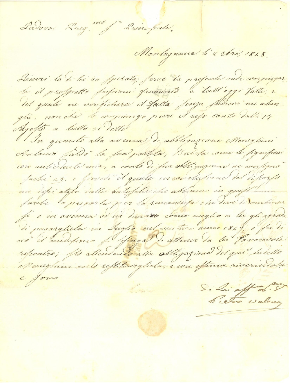 Manoscritto, lettera originale 1848 MONTAGNANA Lettera Pietro VALANO a MoisÃ© VITA JACUR su partite frumento 1