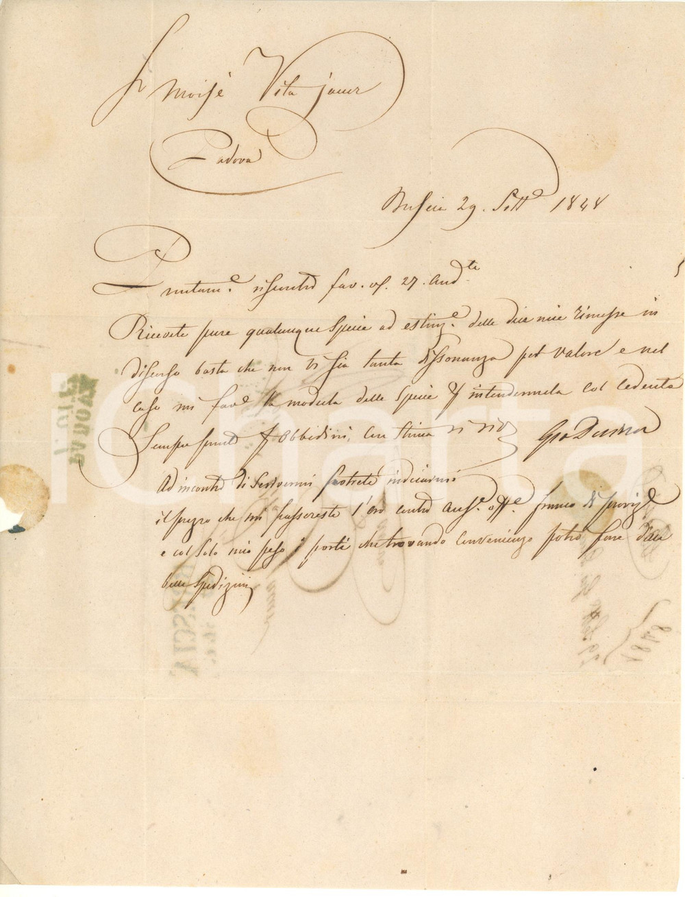 Manoscritto, lettera originale 1848 BRESCIA Lettera commerciale Giovanni DUINA a MoisÃ© VITA JACUR 1