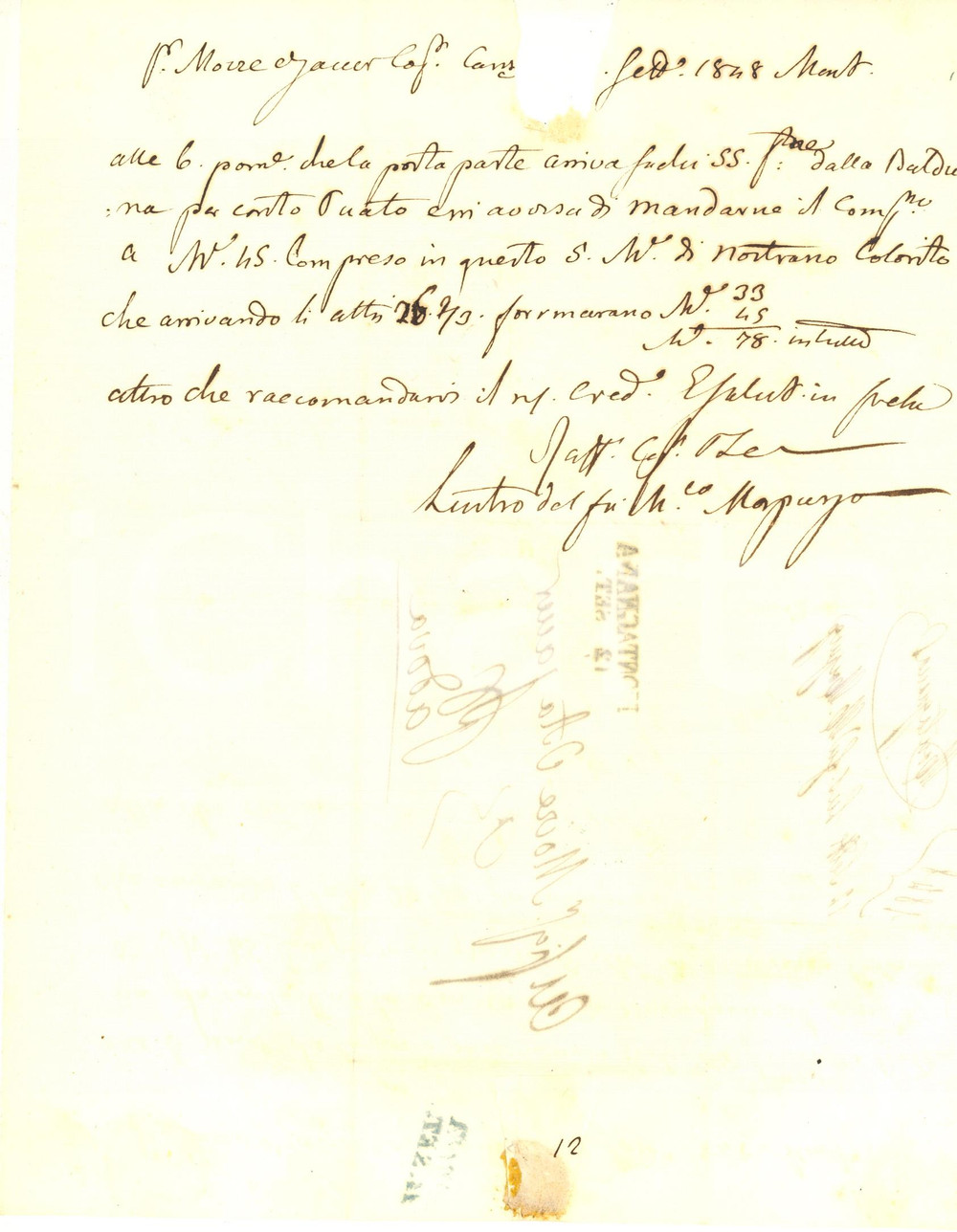 1848 MONTAGNANA Lettera Lustro MORPURGO per invio di merce *JUDAICA Lettera prefilatelica, di argomento commerciale, inviata da Lustro Morpurgo fu Marco a Mois&eacute; Vita Jacur.PAGINE: 1 POOR/danneggiato piegature d'epoca; mancanza al lato superiore dovuta all'apertura della lettera  originale e autentica 1